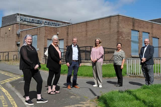 Hallglen Hub members Donna Hannah and Margaret Gardner join MSP Michael Matheson and Development Trust Association Scotland's Louisa Macdonnell, Lynn Molleson and Mark McRitchie at the former Hallglen Sports Hall