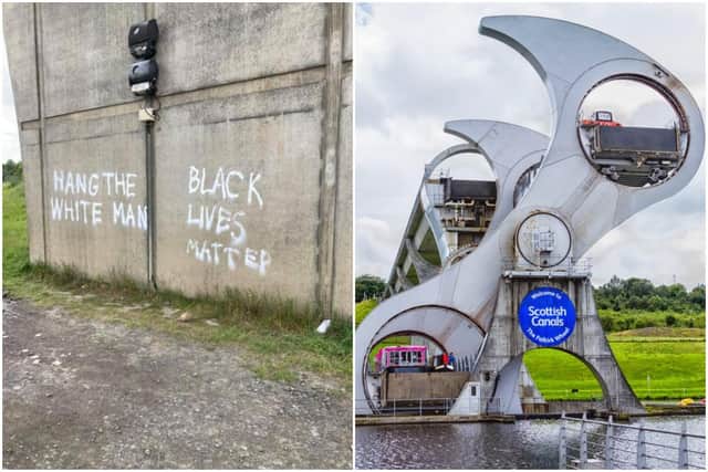 Shocking graffiti has been daubed on the side of the Falkirk Wheel, following a similar incident at a monument to Robert the Bruce earlier today. (Credit: Tam Neil)