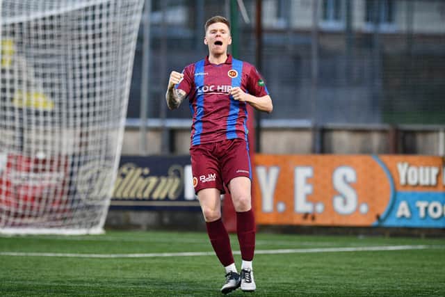 Aaron Steele punches the air after scoring Stenhousemuir’s second goal last Saturday against Dumbarton at Ochilview (Photo: Michael Gillen)