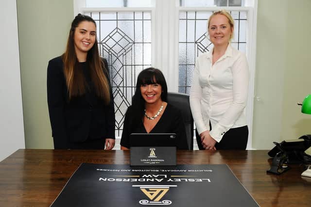 From left: New Lesley Anderson Law trainee and former Denny High School pupil Rachel Ferguson; Lesley Anderson, owner; and Claire Binnie, PA. Picture: Michael Gillen.