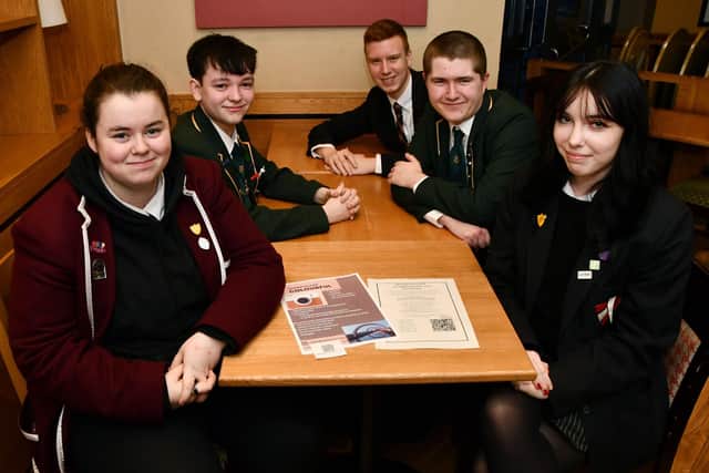 Kirsty Emslie, Euan McGuire, Ewan Taylor, Connor Sweeney and Jessica Stirling are working together to create the mental health colouring book.  Pic: Michael Gillen