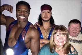 Maureen Kilgour and Enable volunteers and members are surprised by television Gladiators Viper and Nitro (Picture: Submitted)