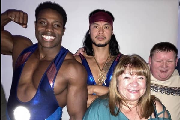 Maureen Kilgour and Enable volunteers and members are surprised by television Gladiators Viper and Nitro (Picture: Submitted)