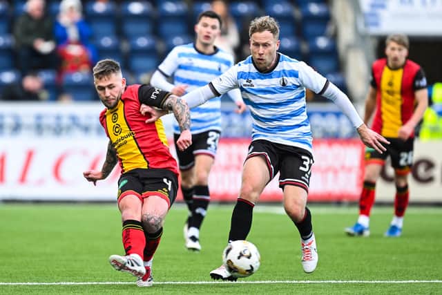 FALKIRK, SCOTLAND - FEBRUARY 08: Partick's Scott Martin (L) and Falkirk's Scott Arfield in action during a William Hill Championship match between Falkirk and Partick Thistle at The Falkirk Stadium, on February 08, 2025, in Falkirk, Scotland. (Photo by Paul Byars / SNS Group)