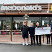 Grangemouth Stags receive donation from McDonald's, left to right: Cammy Watson, club development officer; Elliot Jardine, franchisee; Alan MacKenzie, club president; Sharon Stewart, operations manager; Graeme Townsend, business manager; and Gordon Crossan, director of rugby
