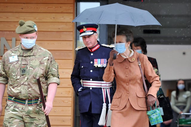 The Princess Royal leaves the hospice accompanied by Lord Lieutenant of Stirling and Falkirk, Alan Simpson and his new cadet, Arran Scott, 17, from the Queen Victoria School in Dunblane. Pic Michael Gillen