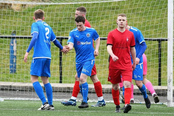 01-02-2025. Picture Michael Gillen. BO'NESS. Newtown Park. Bo'ness Athletic v Fauldhouse. The King Cup 3rd round. Bo'ness goal, Callum MacDonald 10.