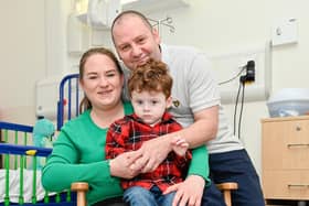 Theo Chatham,, aged 2, in the Royal Children’s Hospital, Glasgow with mum Sarah and dad Gary. Pic: Contributed