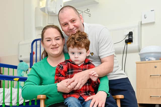 Theo Chatham,, aged 2, in the Royal Children’s Hospital, Glasgow with mum Sarah and dad Gary. Pic: Contributed