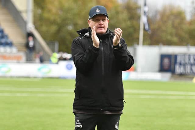 26-10-2024. Picture Michael Gillen. FALKIRK. Falkirk Stadium. Falkirk FC v Dunfermline Athletic FC. Season 2024 - 2025. SPFL William Hill Championship. Match Day 11.