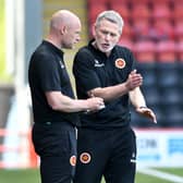 Stenhousemuir boss Gary Naysmith with his assistant Brown Ferguson on the touchline last Saturday during the play-off tie (Photo: Michael Gillen)