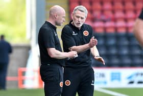 Stenhousemuir boss Gary Naysmith with his assistant Brown Ferguson on the touchline last Saturday during the play-off tie (Photo: Michael Gillen)