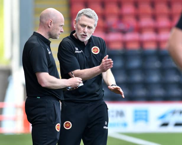Stenhousemuir boss Gary Naysmith with his assistant Brown Ferguson on the touchline last Saturday during the play-off tie (Photo: Michael Gillen)
