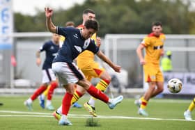05-10-2024. Picture Michael Gillen. FALKIRK. Falkirk Stadium. Falkirk FC v Ayr United FC. Season 2024 - 2025. SPFL William Hill Championship. Match Day 9. Keelan Adams 20 shot.