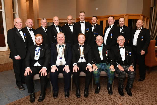 Falkirk Round Table 70th Charter Dinner, postponed from last year due to covid restrictions. Pictured chairman Gregor McDonald, seated centre, with his guests and former chairmen.