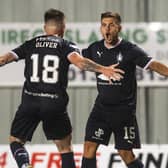 FALKIRK, SCOTLAND - SEPTEMBER 23: Falkirk's Gary Oliver celebrates scoring to make it 2-0 with teammate Leon McCann during a SPFL Trust Trophy match between Falkirk and Partick Thistle at the Falkirk Stadium, on September 23, 2022, in Falkirk, Scotland. (Photo by Craig Foy / SNS Group)