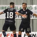 FALKIRK, SCOTLAND - SEPTEMBER 23: Falkirk's Gary Oliver celebrates scoring to make it 2-0 with teammate Leon McCann during a SPFL Trust Trophy match between Falkirk and Partick Thistle at the Falkirk Stadium, on September 23, 2022, in Falkirk, Scotland. (Photo by Craig Foy / SNS Group)