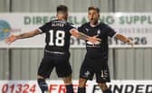 FALKIRK, SCOTLAND - SEPTEMBER 23: Falkirk's Gary Oliver celebrates scoring to make it 2-0 with teammate Leon McCann during a SPFL Trust Trophy match between Falkirk and Partick Thistle at the Falkirk Stadium, on September 23, 2022, in Falkirk, Scotland. (Photo by Craig Foy / SNS Group)