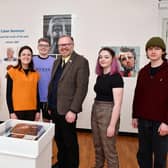 MP Martyn Day visiting Shining a Light exhibition of pupils' work and meeting some of the artists. Pictured: Kyle Syme, Jennifer Potter, Nicolas McGrory, Martyn Day, Heather Anderson and Connor Draycott. Pics: Michael Gillen