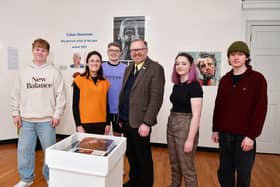 MP Martyn Day visiting Shining a Light exhibition of pupils' work and meeting some of the artists. Pictured: Kyle Syme, Jennifer Potter, Nicolas McGrory, Martyn Day, Heather Anderson and Connor Draycott. Pics: Michael Gillen