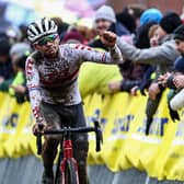 British Cameron Mason crosses the finish line of the Men's  Elite race at the UCI World Cup cyclocross competition in Gullegen on January 6, 2024. (Photo by DAVID PINTENS / Belga / AFP) / Belgium OUT (Photo by DAVID PINTENS/Belga/AFP via Getty Images)