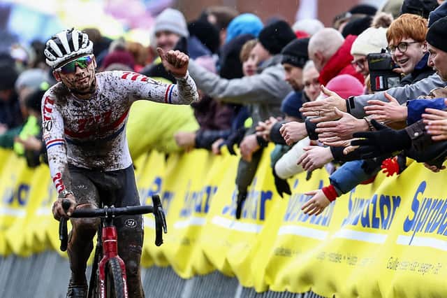 British Cameron Mason crosses the finish line of the Men's Elite race at the UCI World Cup cyclocross competition in Gullegen on January 6, 2024. (Photo by DAVID PINTENS / Belga / AFP) / Belgium OUT (Photo by DAVID PINTENS/Belga/AFP via Getty Images)