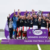 04-05-2024. Picture Michael Gillen. FALKIRK. Falkirk Stadium. Falkirk FC v Alloa Athletic FC. Season 2023 - 2024. Matchday 36. SPFL cinch League One. Trophy Day. The game finished 2-2 meaning Falkirk completed the league season undefeated. The Invincibles, Falkirk FC Invincibles.