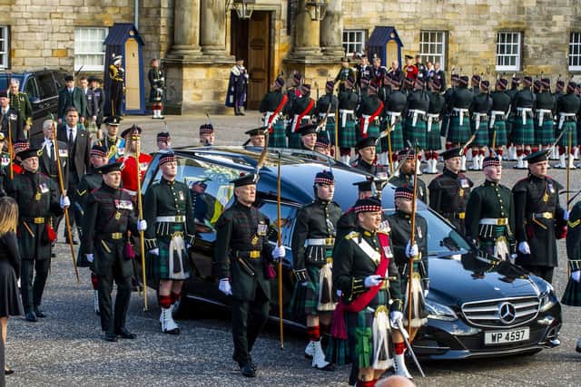 King Charles III and members of Royal family join the procession of Queen Elizabeth II coffin from the Palace of Holyroodhouse to St Giles' Cathedral, Edinburgh. Pic: Lisa Ferguson