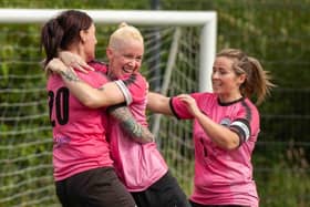 Nicola Kellock celebrates with Dunipace team-mate Sam McManus after she netted the winner against Kilwinning (Photo: Russel Hutcheson/Sportpix/Sipa USA)