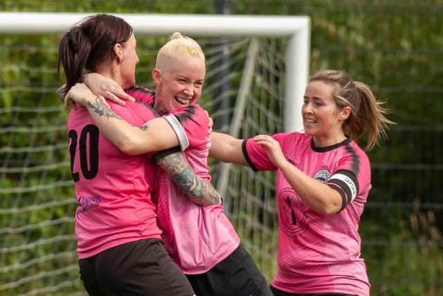 Nicola Kellock celebrates with Dunipace team-mate Sam McManus after she netted the winner against Kilwinning (Photo: Russel Hutcheson/Sportpix/Sipa USA)