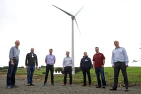 Michael Matheson, Falkirk West MSP, switches on the Bespoke Wind Turbine in Lionthorn. From left: David Bennet, of Bespoke Community Development Company; Guy Wedderburn, Callendar Estate manager; Gavin Catto, of Green Cat Renewables; Michael Matheson, Cabinet Secretary for Net Zero, Energy and Transport; Jonathan Hagger, Emergya Wind Technologies; Andrew Lyle, Locogen MD; and Chris Morris, Local Energy Scotland manager. Picture: Michael Gillen.