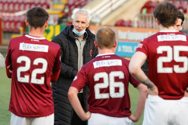 Stenhousemuir manager Davie Irons addresses his team at full time after they won 2-0 (Pic: Scott Louden)