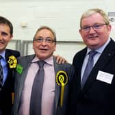 John McNally elected MP for Falkirk in 2015 being congratulated by Michael Matheson MSP and Angus Macdonald MSP.