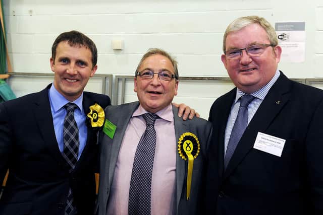 John McNally elected MP for Falkirk in 2015 being congratulated by Michael Matheson MSP and Angus Macdonald MSP.