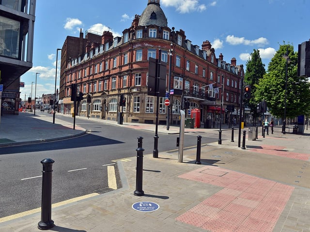 Doncaster town centre is being marked out with for social distancing signs.  Note the Keep Your Distance signDoncaster town centre is being marked out with for social distancing signs. Silver street.