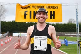 14-04-2024. Picture Michael Gillen. GRANGEMOUTH. Grangemouth Stadium. 2024 Round the Houses 10K. Jim Dingwall Memorial Road Race. First place male, Scott Stirling.