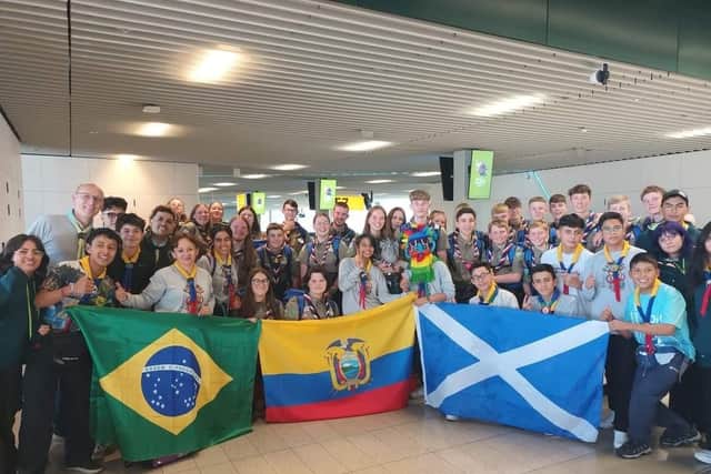 Scouts from Falkirk meeting Ecuadorian & Brazilian Scouts at Schiphol on the way out to the World Jamboree. Pic: Contributed