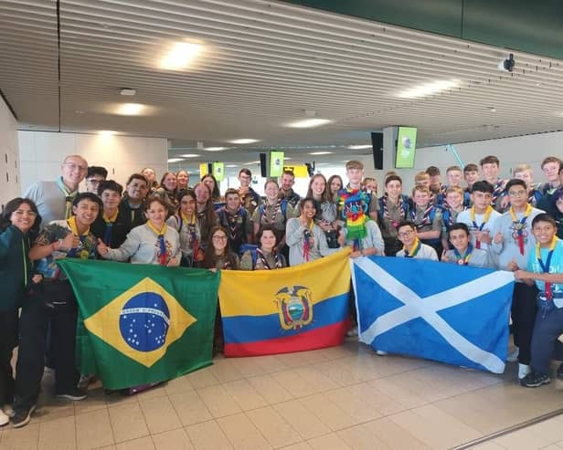 Scouts from Falkirk meeting Ecuadorian & Brazilian Scouts at Schiphol on the way out to the World Jamboree. Pic: Contributed