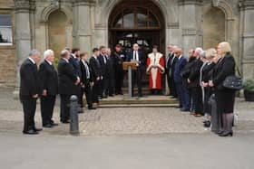 Falkirk's Proclamation of Accession read by Falkirk Council chief executive Kenneth Lawrie, watched by Provost Robert Bissett, Vice Lord Lieutenant of Stirling and Falkirk Colonel Alastair Campbell, and members of Falkirk Council. Pic: Hunter Miller
