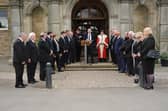 Falkirk's Proclamation of Accession read by Falkirk Council chief executive Kenneth Lawrie, watched by Provost Robert Bissett, Vice Lord Lieutenant of Stirling and Falkirk Colonel Alastair Campbell, and members of Falkirk Council. Pic: Hunter Miller
