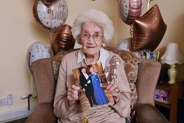 Susan Dickson with her card from King Charles III to mark her 100th birthday on January 14. Pic: Michael Gillen
