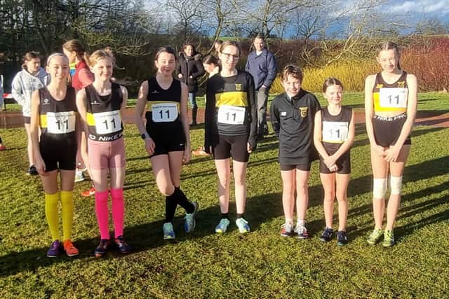 Falkirk Vics' Emily Christie, Aine McAtarsney, Ruth Donaldson, Isla Philip, Neve Taylor and Josie Anderson before their under-13s race (Photo: Contributed)