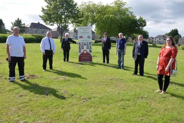 Ancre Somme Association Falkirk branch presents a banner to Bainsford War Memorial Association at the planned site for the lasting legacy in Dawson Park. Provost William Buchanan and Councillor Robert Bissett, centre. Picture: Michael Gillen.