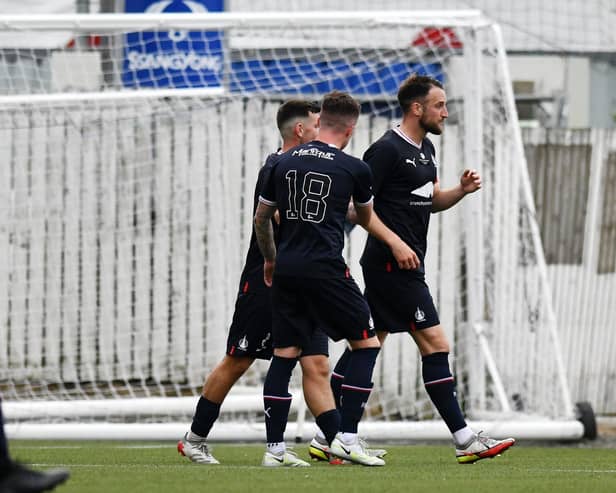 Brad McKay powered home a header to equaliser for Falkirk in the first half (Photos: Michael Gillen)