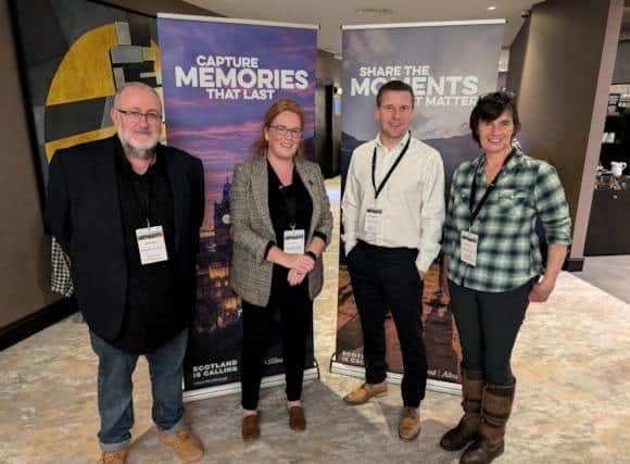 David Hope, of Scotland Folk Tours, Liz Gunn, of Ian Macleod Distillers, Ross McMillan, of Scottish Canals, and Jan Dixon, of Solsgirth Home Farm raise the profile of local attractions during the London event (Picture: Submitted)