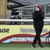 Stenhousemuir boss Gary Naysmith encourages his team during the 4-0 win over Dumbarton last Saturday (Pictures by Michael Gillen)