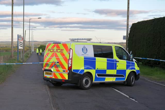 Webster Avenue, Carronshore was closed by police after a woman was struck by a car. Picture: Michael Gillen.