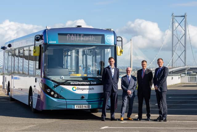 Pictured left to right - Jim Hutchinson CEO Fusion, Scottish Transport Minister Kevin Stewart, Stagecoach regional director Sam Greer, ADL president and managing director Paul Davies
