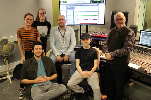 Back row: Forth Valley College sound production students Claire McFarlane and Erin Marshall with lecturer Barry Frame. Front row: students Keir Hall and Fraser Reid alongside Stirling Old Town Jail creative director David Kinnaird.