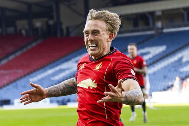 Falkirk’s Calvin Miller celebrates after making it 3-0 against Queen's Park (Photo by Roddy Scott/SNS Group)